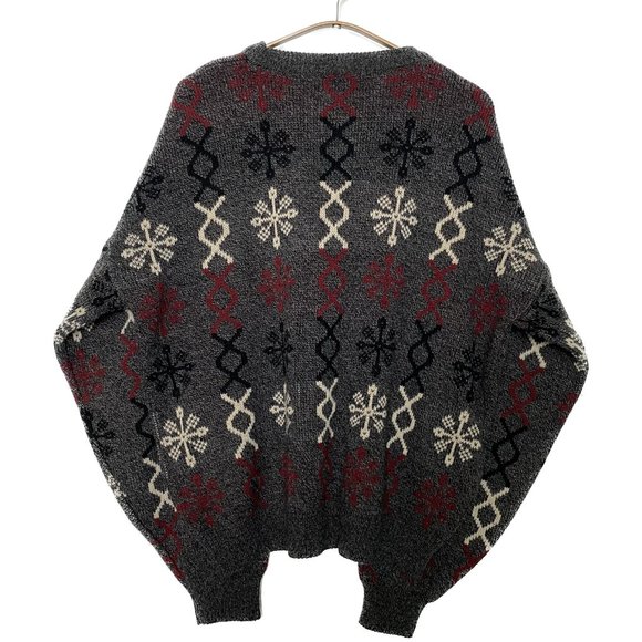 Vintage Graphic Sweater Men XL Grey Red Snowflake Geo 80s 90s Intarsia Retro - Picture 2 of 14